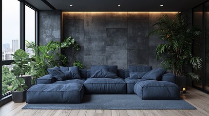 Modern living room with sectional sofa, plants, and city view.