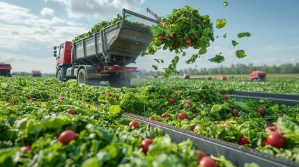 Organic Food Waste Dumped by Waste Truck onto Conveyor Belt for Sustainable Disposal and Recycling in Rural Agricultural Landscape