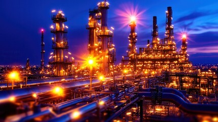 Fototapeta premium Illuminated Oil Refinery Complex Glowing in the Nighttime Cityscape with Intricate Pipeline Network and Towering Structures against the Urban Skyline