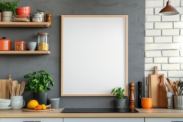 Mockup de moldura vertical em cozinha moderna com utensílios, plantas e decoração minimalista, criado com IA generativa para visualização de arte e design