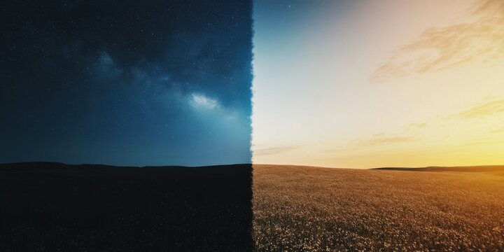The Beautiful Contrast of Day and Night Over a Beautifully Serene Landscape Scene