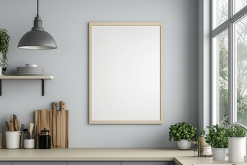 Mockup de moldura vertical em cozinha moderna com utensílios, plantas e decoração minimalista, criado com IA generativa para visualização de arte e design