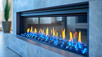 Modern fireplace with blue rocks and flames in a contemporary home