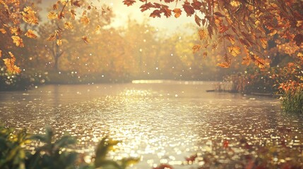 Fototapeta premium Serene autumn lake scene with golden leaves and sunlight.