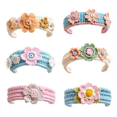 A set of crocheted headbands in boho style with floral appliqu?s and pastel yarn combos, isolated on white transparent background.