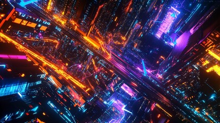 Futuristic glowing city with digital connections and data streams