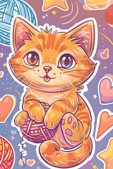 Joyful Cartoon Cat Playing with Yarn - Fun and Whimsical Sticker Design