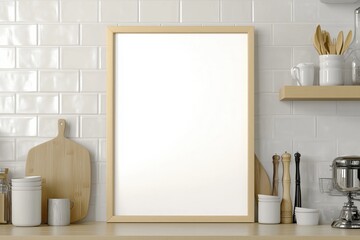 Mockup de moldura vertical em cozinha moderna com utensílios, plantas e decoração minimalista, criado com IA generativa para visualização de arte e design