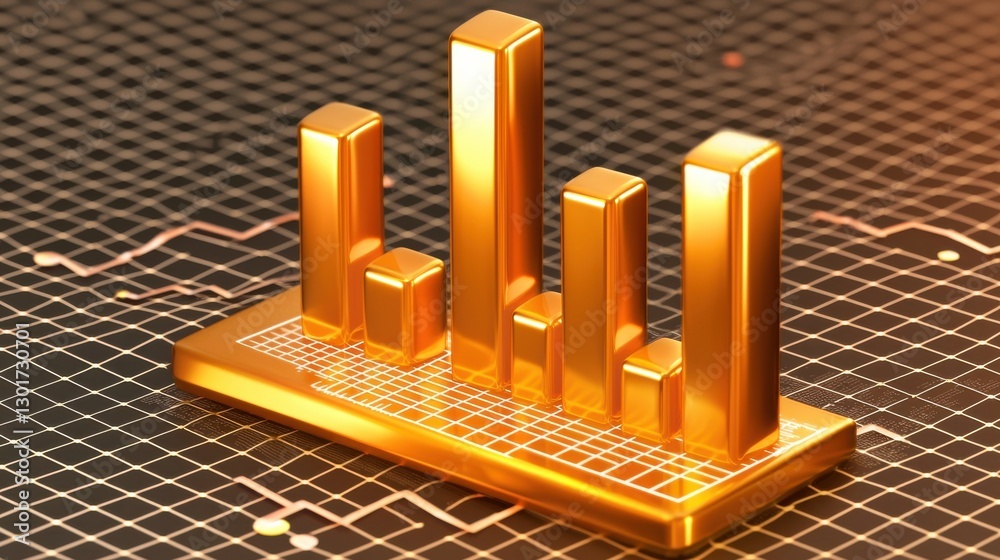 Poster glowing gold financial data visualization infographic featuring a modern and abstract design with ba