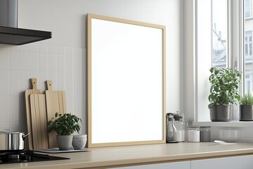 Mockup de moldura vertical em cozinha moderna com utensílios, plantas e decoração minimalista, criado com IA generativa para visualização de arte e design