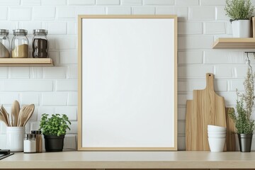 Mockup de moldura vertical em cozinha moderna com utensílios, plantas e decoração minimalista, criado com IA generativa para visualização de arte e design
