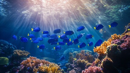Naklejka premium Large school of bright blue tang fish swimming coral reef underwater scene ocean environment dive perspective marine life