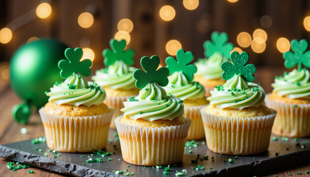 Festive St. Patrick’s Day cupcakes with shamrocks, joyful celebration