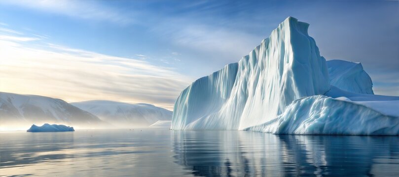 Majestic icebergs floating on calm water under a clear sky

