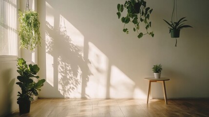 Minimalist Interior with Hanging Plants and Sunlight Shadows on White Wall for Modern Decor  
