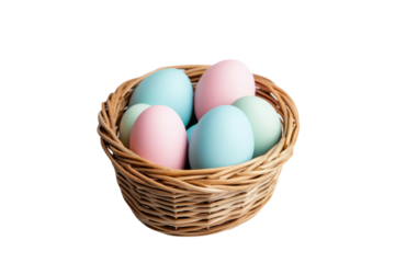 Colorful decorative eggs in a wicker basket, cut out