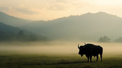 Lone buffalo stands resolutely misty plains nature scene serene environment animal perspective resilience against adversity