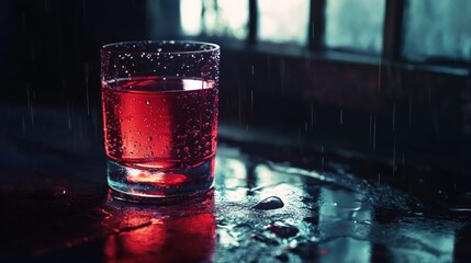Red liquid in glass on rainy surface.