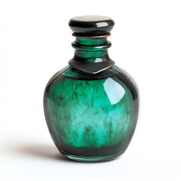 Magic potion bottle. Glass medieval ink bottle. Blue glass old bottle. Antique glass bottle filled with a deep blue liquid. Poison bottle. Witchcraft bottle. 