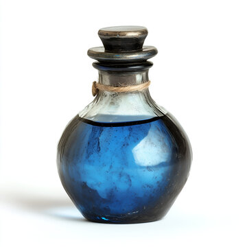 Magic potion bottle. Glass medieval ink bottle. Blue glass old bottle. Antique glass bottle filled with a deep blue liquid. Poison bottle. Witchcraft bottle. 