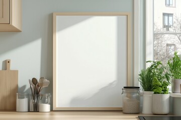 Mockup de moldura vertical em cozinha moderna com utensílios, plantas e decoração minimalista, criado com IA generativa para visualização de arte e design