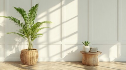 Sunlit Minimalist Room with Palm Plant Wicker Basket and Wooden Stool for Modern Interior Design  
