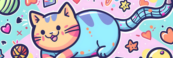 Joyful Cartoon Cat Playing with Yarn - Fun and Whimsical Sticker Design