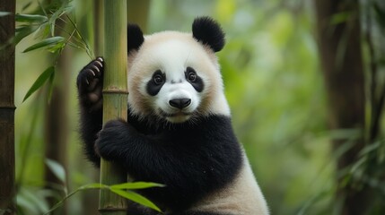 Obraz premium Lone panda climbing bamboo stalk dense forest wildlife photography natural habitat close-up endangered species journey