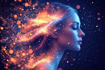 A stunning digital artwork showcasing a woman's profile with vibrant colors and cosmic elements.