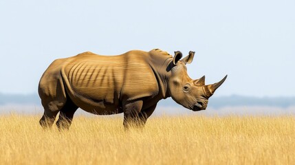 Obraz premium Lone rhinoceros grazing african plains wildlife photography open savannah natural beauty endangered species
