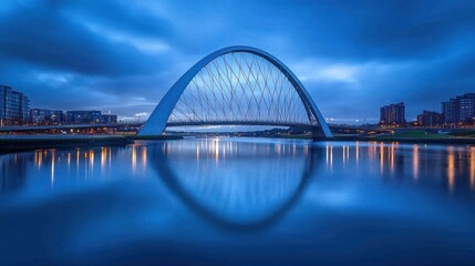 Obraz premium Modern arch bridge reflecting in calm water at dawn.