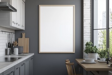 Mockup de moldura vertical em cozinha moderna com utensílios, plantas e decoração minimalista, criado com IA generativa para visualização de arte e design