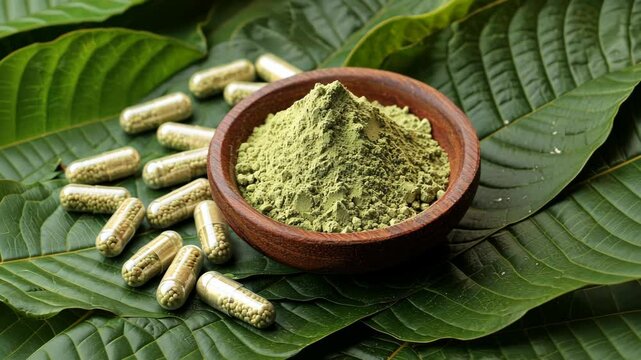 Green powder and capsules displayed on large leaves in a natural setting for health and wellness