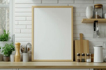 Mockup de moldura vertical em cozinha moderna com utensílios, plantas e decoração minimalista, criado com IA generativa para visualização de arte e design