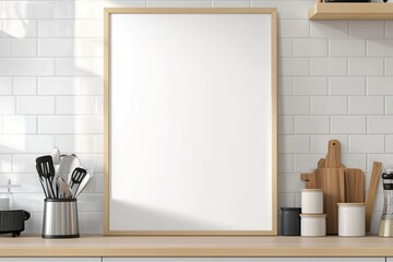 Mockup de moldura vertical em cozinha moderna com utensílios, plantas e decoração minimalista, criado com IA generativa para visualização de arte e design