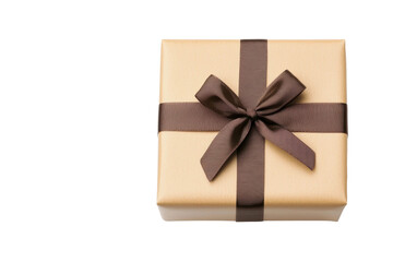 Wrapped gift box with brown ribbon and bow, cut out