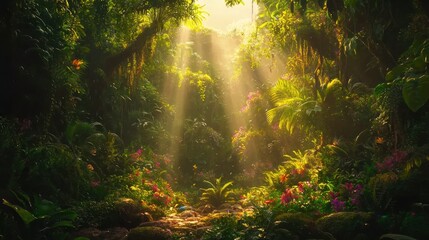 Sunbeams illuminate lush rainforest path. (1)