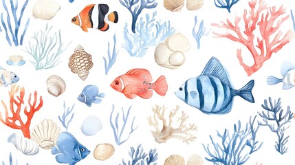 Vibrant Underwater Marine Life Pattern with Coral Reefs Fish and Seashells in Soft Watercolor