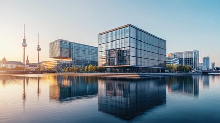 Modern architecture reflected in calm water at sunrise. (1)