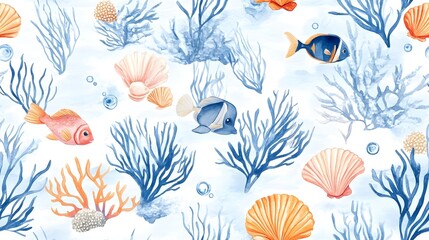 Vibrant Underwater Marine Life Pattern with Coral Reefs Fish and Seashells in Watercolor Style