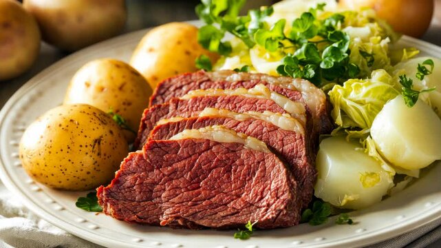 Sliced corned beef with boiled potatoes and cabbage served on a white plate in a kitchen setting
