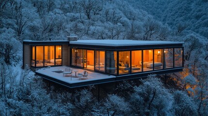 Modern glass house on snowy hillside at dusk