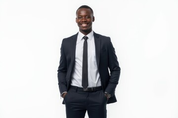 Half-Length (Waist-Up) portrait of young stylish smiling Burundian male model in business wear isolated on pure white background looking at camera