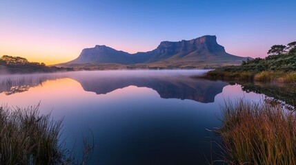 Obraz premium Serene sunrise over a calm lake reflecting majestic mountains.