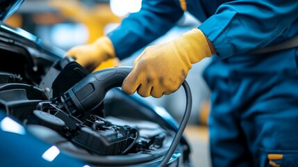 Mechanic repairs electric vehicle charging port auto shop tutorial workshop detailed insight on functions