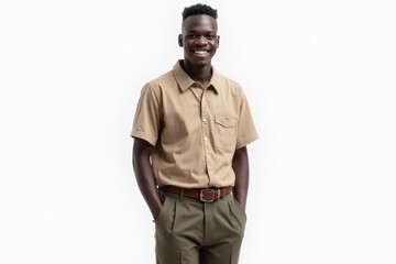 Half-Length (Waist-Up) portrait of young stylish smiling Burundian male model in vintage wear isolated on pure white background looking at camera