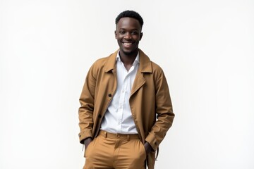 Fototapeta premium Half-Length (Waist-Up) portrait of young stylish smiling Burundian male model in retro wear isolated on pure white background looking at camera