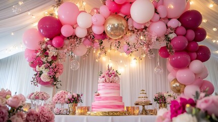 Luxurious Pink Baby Shower with Floral Canopy, Fairy Lights & Elegant Dessert Table