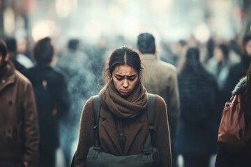 Sad young woman feeling lost in a crowd walking on a city street