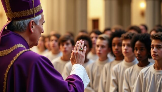Obispo de pie ante un grupo de confirmandos, levantando la mano en se&ntilde;al de bendici&oacute;n, visto desde atr&aacute;s
